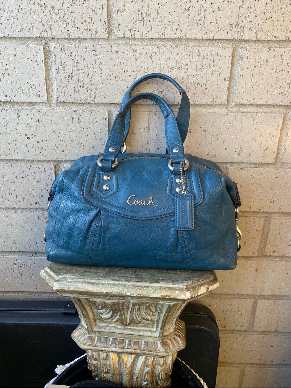 Coach Teal Leather Bowling Satchel with Top Handles